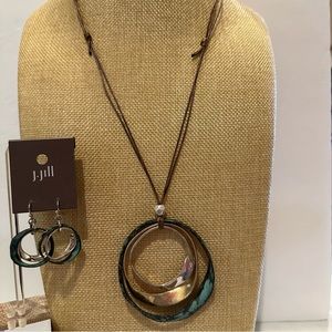 NWT J. Jill Necklace & earring set- brown cording w/ green, silver, gold circles